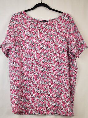 Jones New York Pink and White Cotton Floral Crew Neck Short Sleeve Top Size 3X